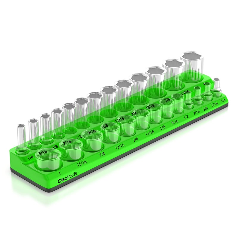Olsa Tools Magnetic Socket Organizer | 3/8-inch Drive | SAE | Green | Holds 26 Sockets | Professional Quality Tools Organizer - Image 1